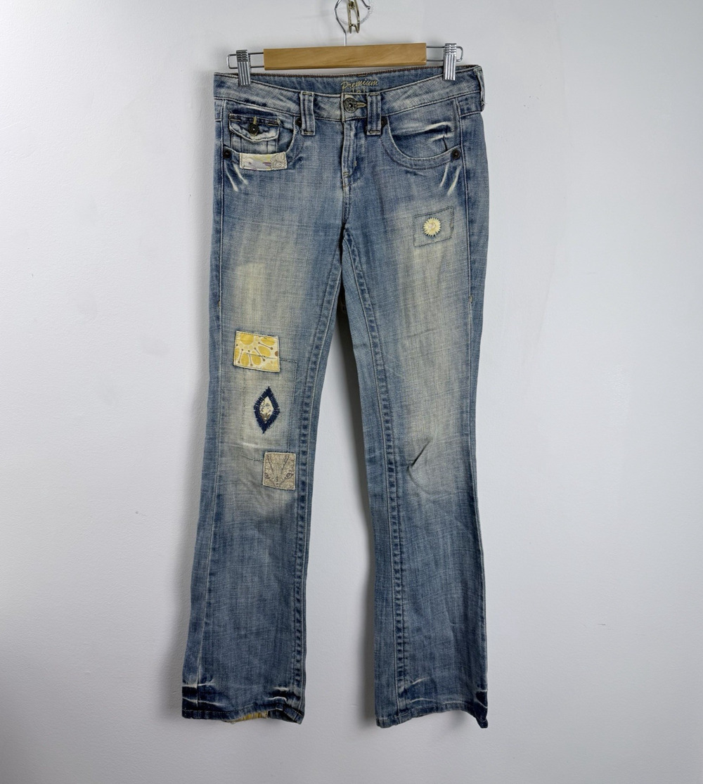 L.E.I Premium Vtg Flare Y2k Lowrise Embroidered Patchwork Jeans Size 0